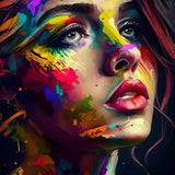 AB Diamond Painting - Woman with colorful face, sparkling acrylic diamonds, and professional canvas for Paint by Numbers art.