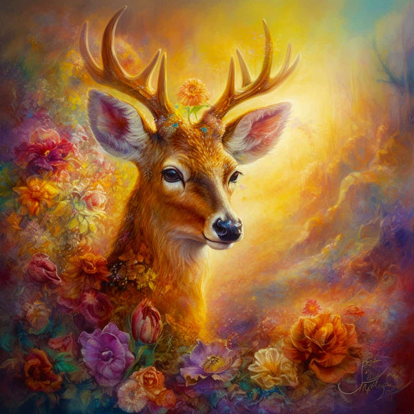 Vibrant diamond painting of a majestic deer surrounded by colorful flowers in a forest dreamscape