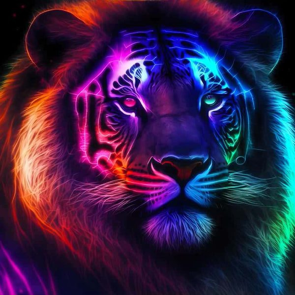 Colorful neon lion with an intense gaze, featured in a diamond painting kit for Paint by Numbers enthusiasts.