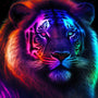 Colorful neon lion with an intense gaze, featured in a diamond painting kit for Paint by Numbers enthusiasts.