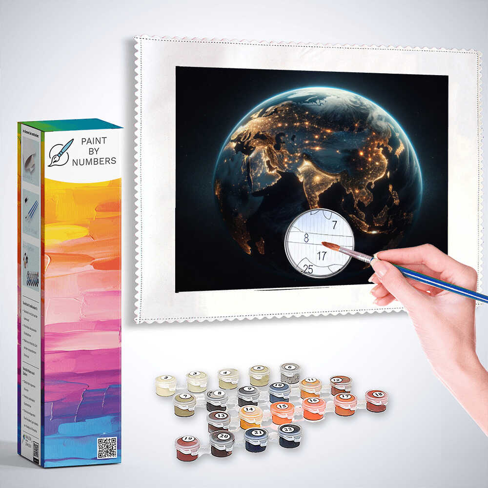 Paint by Numbers - Erleuchteter Planet kit with canvas, paints, and brush depicting a nighttime Earth with illuminated continents.