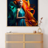 AB Diamond Painting - Colorful Dance wall art above a wicker cabinet in a modern living room