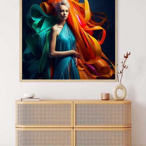 AB Diamond Painting - Colorful Dance wall art above a wicker cabinet in a modern living room