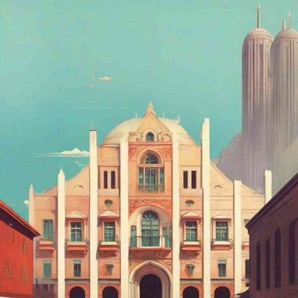 Paint by Numbers - Dreamy Times in Milan pastel urban scene with a majestic building, skyscrapers, and an empty piazza.