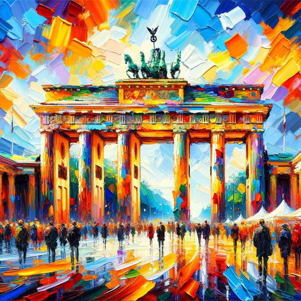 Paint by Numbers artwork featuring an abstract, colorful depiction of the Brandenburg Gate with bold brushstrokes and vibrant hues.