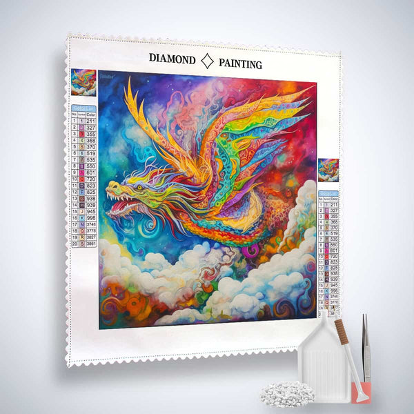 Diamond Painting Kit - Magic of Dragons with acrylic diamonds, canvas, tweezers, application pen, and paint by numbers design.