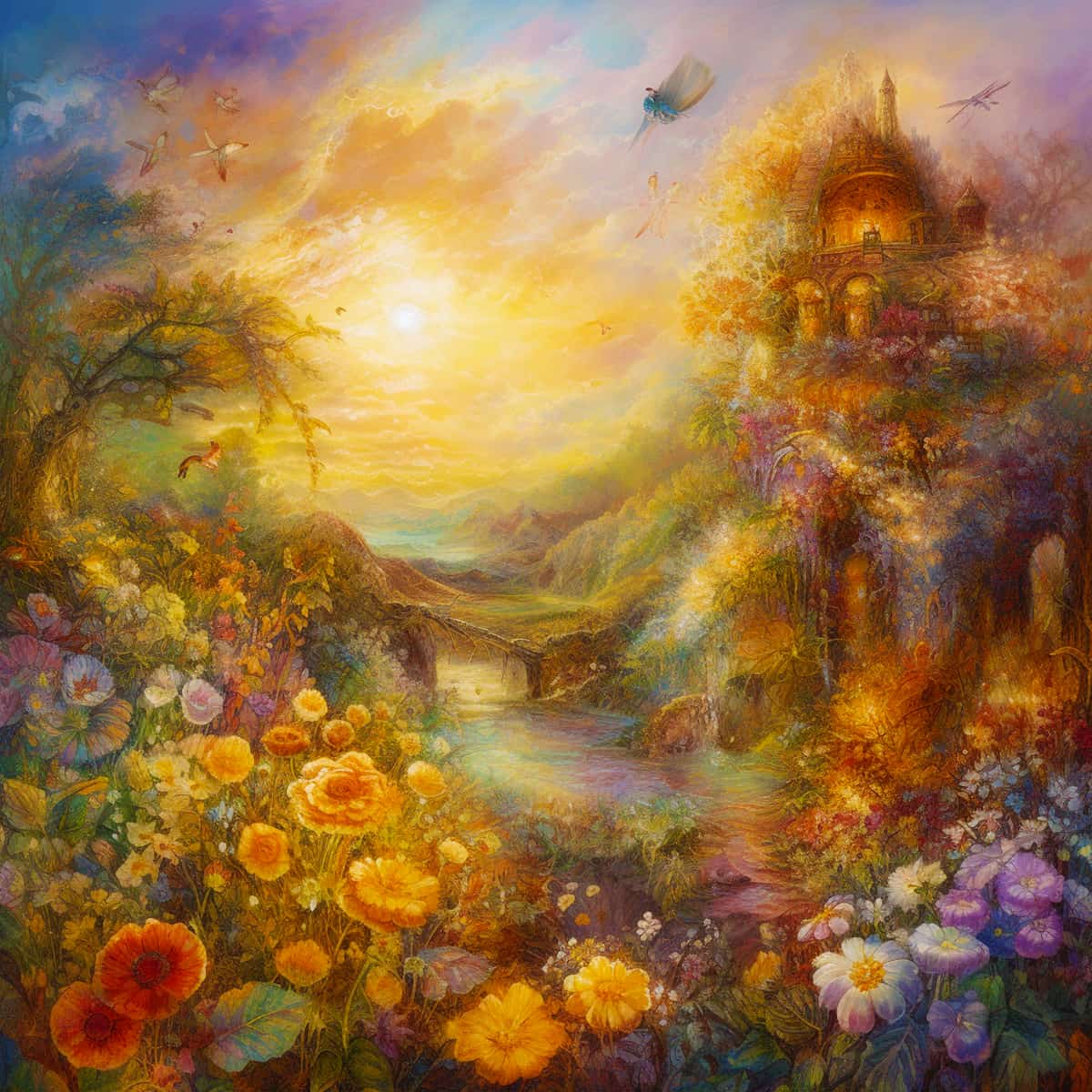 Diamond Painting - Sun rays in foliage, Paint by Numbers showing vibrant flowers, a river, and castle in a fantastical landscape