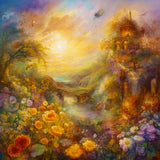Diamond Painting - Sun rays in foliage, Paint by Numbers showing vibrant flowers, a river, and castle in a fantastical landscape