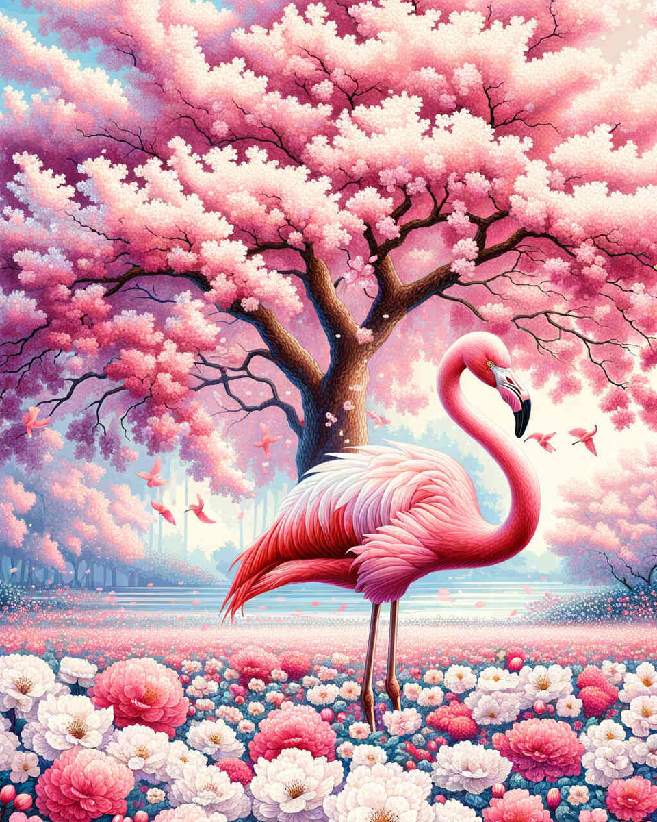 Flamingo with cherry tree - Paint by Numbers
