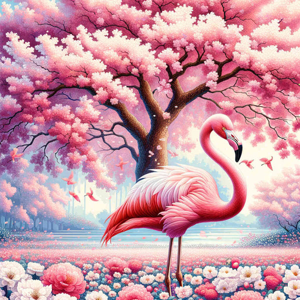 Flamingo with cherry tree - Paint by Numbers
