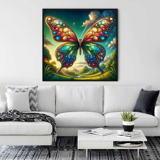 "Paint by Numbers - Color Dance of Life with colorful butterfly over idyllic landscape in modern expressive style"
