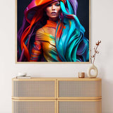 Diamond Painting - Woman Rider displayed on wall above modern chest of drawers, vibrant colors, Paint by Numbers kit.