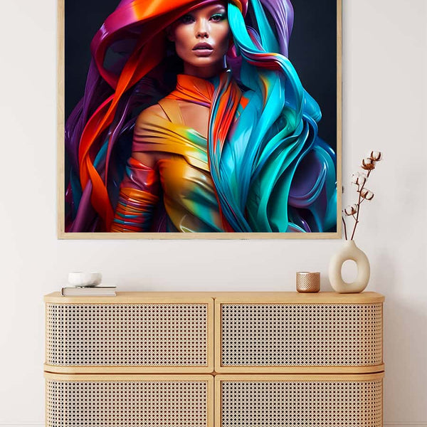 Diamond Painting - Woman Rider displayed on wall above modern chest of drawers, vibrant colors, Paint by Numbers kit.