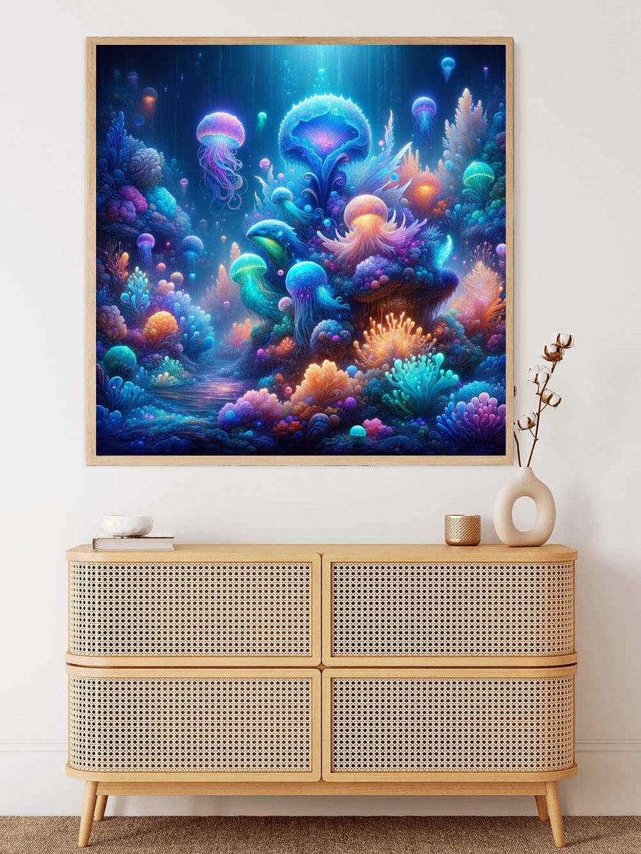 Paint by Numbers - Mysterious Deep Sea wall art showcasing glowing jellyfish and fluorescent coral reefs in rich blue and purple tones