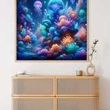 Paint by Numbers - Mysterious Deep Sea wall art showcasing glowing jellyfish and fluorescent coral reefs in rich blue and purple tones