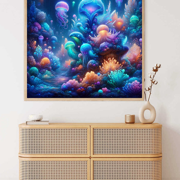 Paint by Numbers - Mysterious Deep Sea wall art showcasing glowing jellyfish and fluorescent coral reefs in rich blue and purple tones