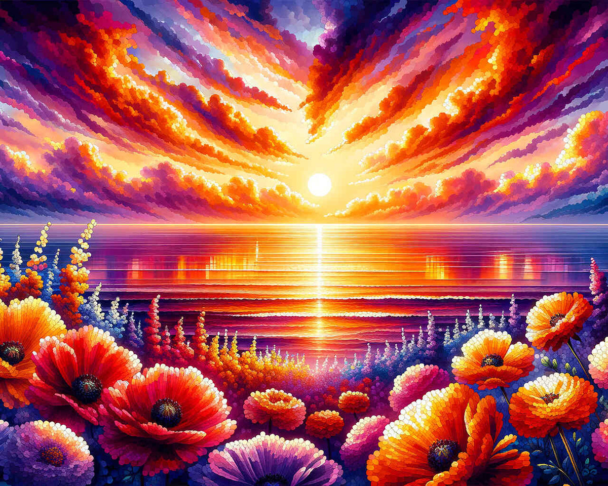 Sunset, sea with flowers - Paint by Numbers