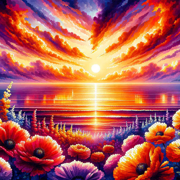 Sunset, sea with flowers - Paint by Numbers