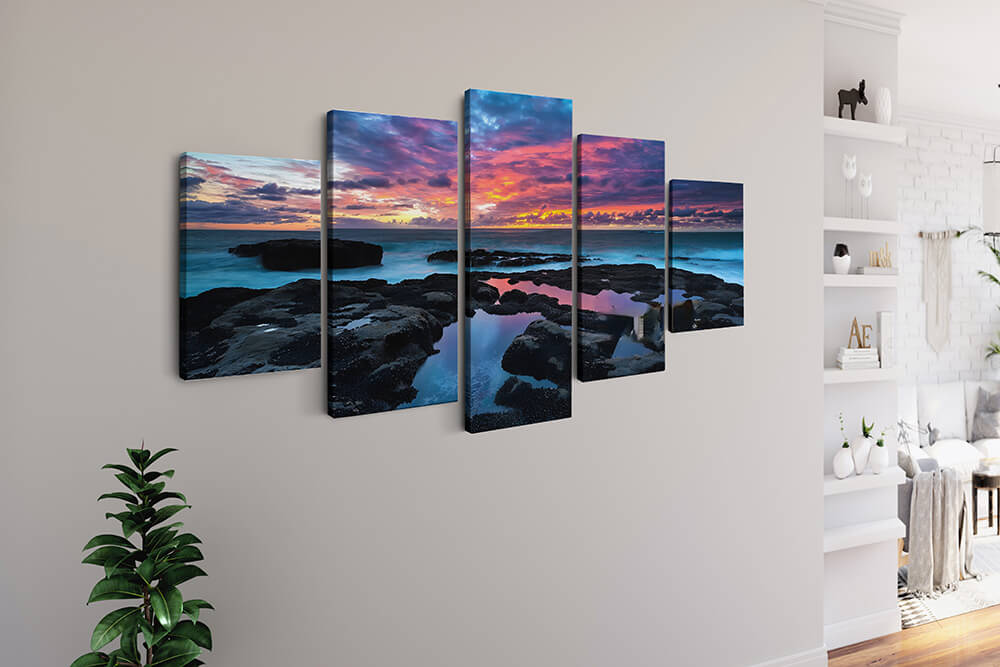 Malen nach Zahlen 5 teilig - Bunter Sonnenuntergang, Spiegelung - hochwertige Leinwand - multi5, neue_bilder