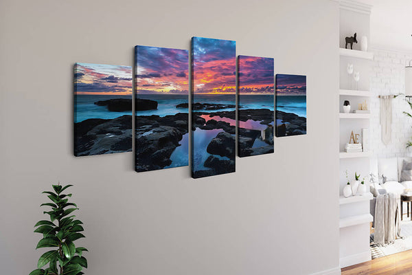 Malen nach Zahlen 5 teilig - Bunter Sonnenuntergang, Spiegelung - hochwertige Leinwand - multi5, neue_bilder