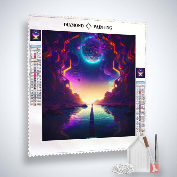Diamond Painting - Space Love kit featuring a mesmerizing cosmic design, complete with professional canvas, acrylic diamonds, tweezers, and application pen.