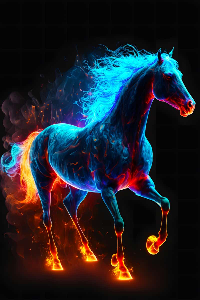 AB Diamond Painting - Fire Horse design featuring a vibrant, fiery horse in blue, orange, and purple hues. Paint by Numbers kit art.
