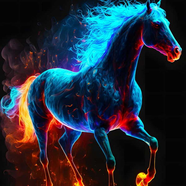 AB Diamond Painting - Fire Horse design featuring a vibrant, fiery horse in blue, orange, and purple hues. Paint by Numbers kit art.