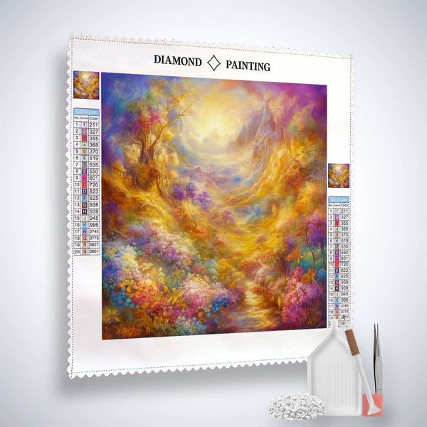 Diamond Painting - Walk in the Forest completed design on canvas with tools and acrylic diamonds for paint by numbers.