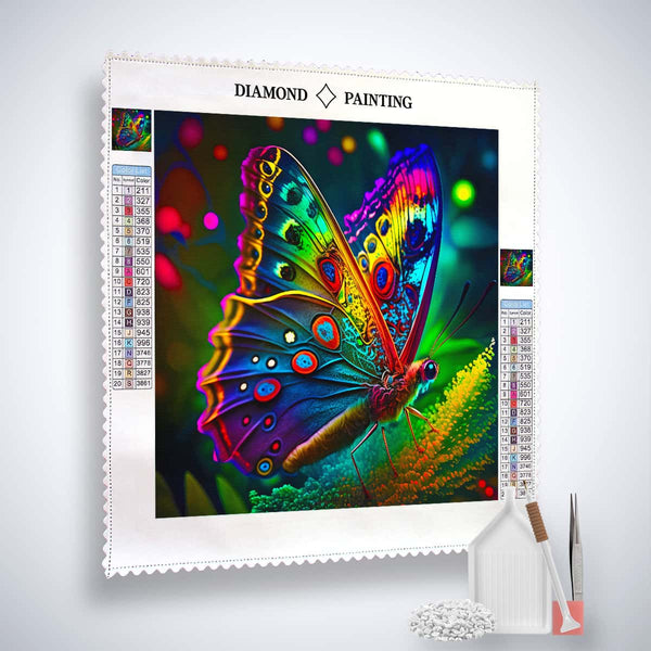 AB Diamond Painting Radiant Butterfly kit with canvas, acrylic diamonds, tweezers, and application pen for a Paint by Numbers project
