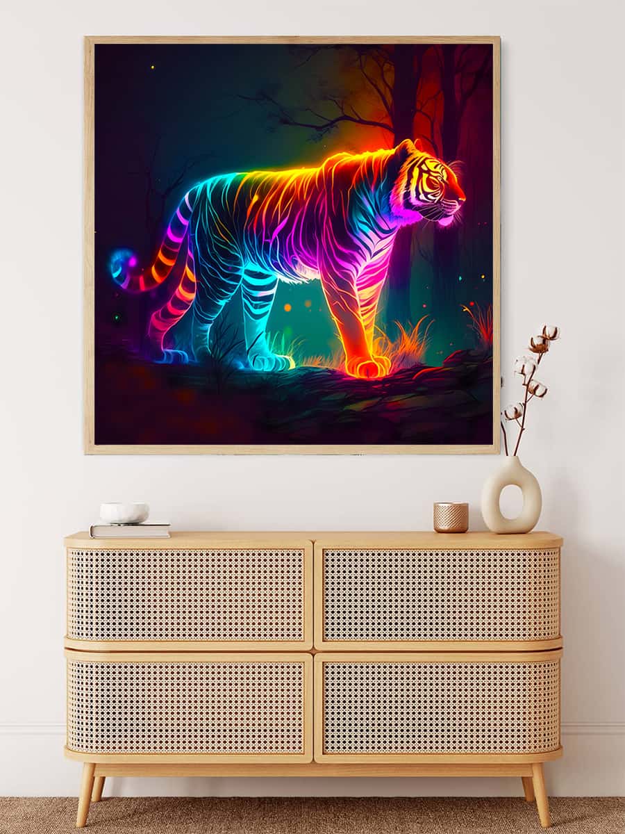 Neon tiger diamond painting art on wall, forest-themed paint by numbers kit, vibrant colors and sparkling effect