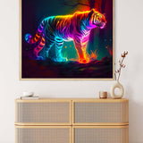 Neon tiger diamond painting art on wall, forest-themed paint by numbers kit, vibrant colors and sparkling effect