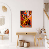 Modern living room with vibrant abstract art painting featuring a woman in yellow dress displayed above a wooden console table.
