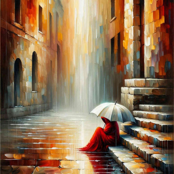 Woman on stairs, umbrella - Paint by Numbers
