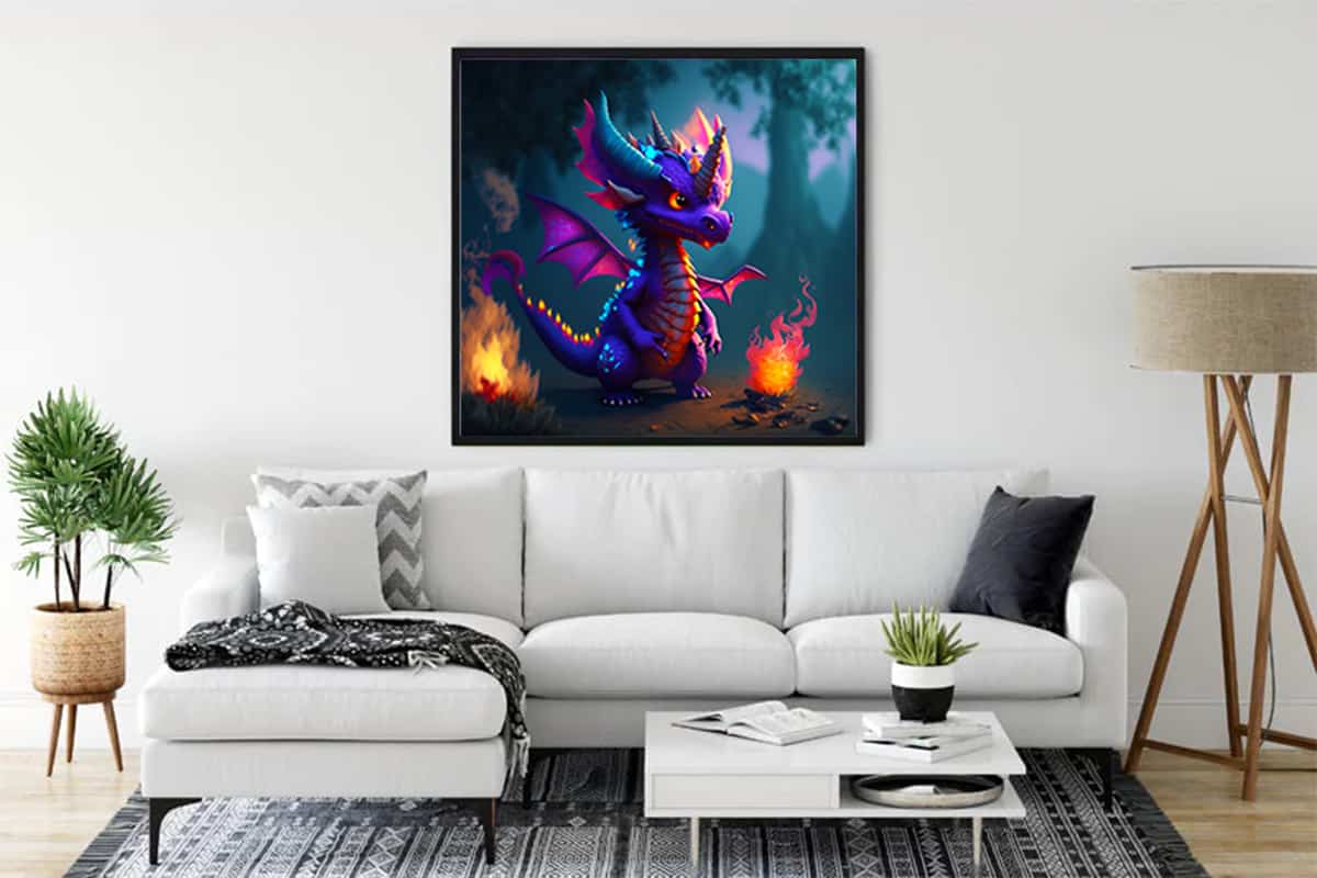 Diamond Painting of a vibrant dragon eye design displayed in a stylish living room above a white sofa.