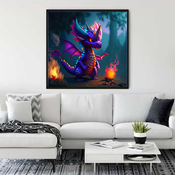 Diamond Painting of a vibrant dragon eye design displayed in a stylish living room above a white sofa.