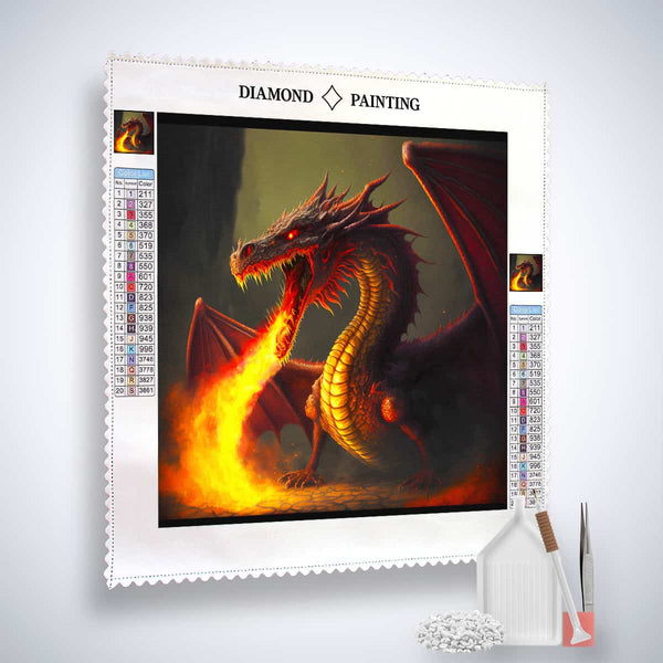 Diamond Painting Kit - Dragon Whisper design with tools, Paint by Numbers art canvas, acrylic diamonds, tweezers, and application pen.
