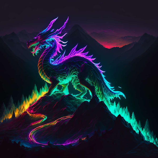 Neon fireborn dragon on a mountain in a diamond painting kit.
