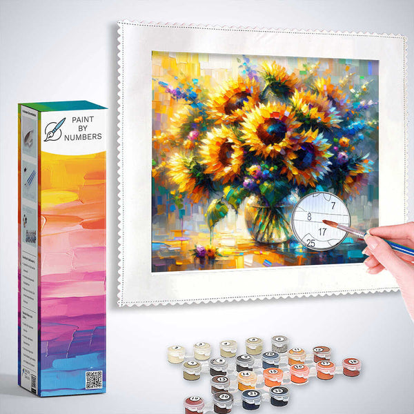Paint by Numbers kit featuring colorful sunflower artwork titled "Sunshine and Play of Colors" in an impressionistic style.