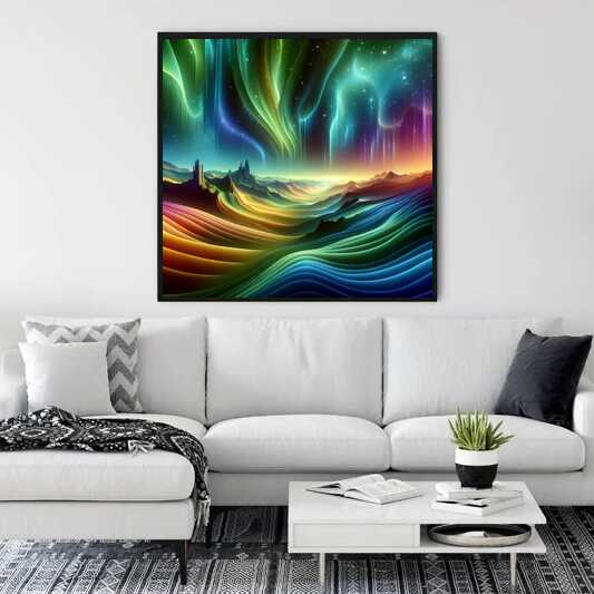 Paint by Numbers - Northern Lights of the fantasy world painting depicting surreal landscapes and celestial colors above a modern white sofa.