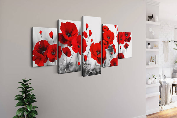 Malen nach Zahlen 5 teilig - Mohnblumen vor Schwarz und Weiß - hochwertige Leinwand - multi5, neue_bilder