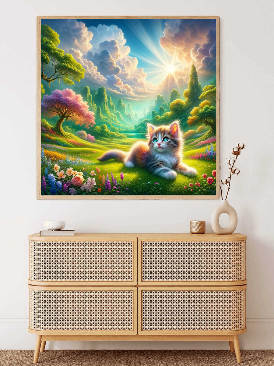 Paint by Numbers Colorful Cat and Flowers Kit - Completed Artwork Displayed on Wall
