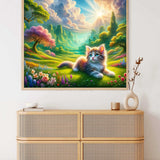 Paint by Numbers Colorful Cat and Flowers Kit - Completed Artwork Displayed on Wall