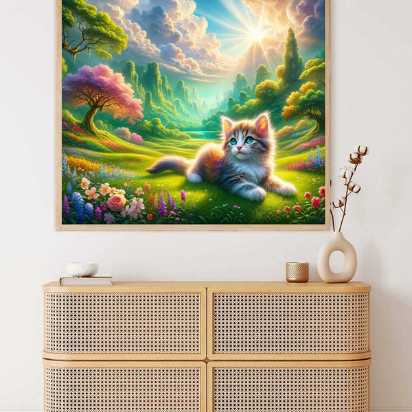 Paint by Numbers Colorful Cat and Flowers Kit - Completed Artwork Displayed on Wall
