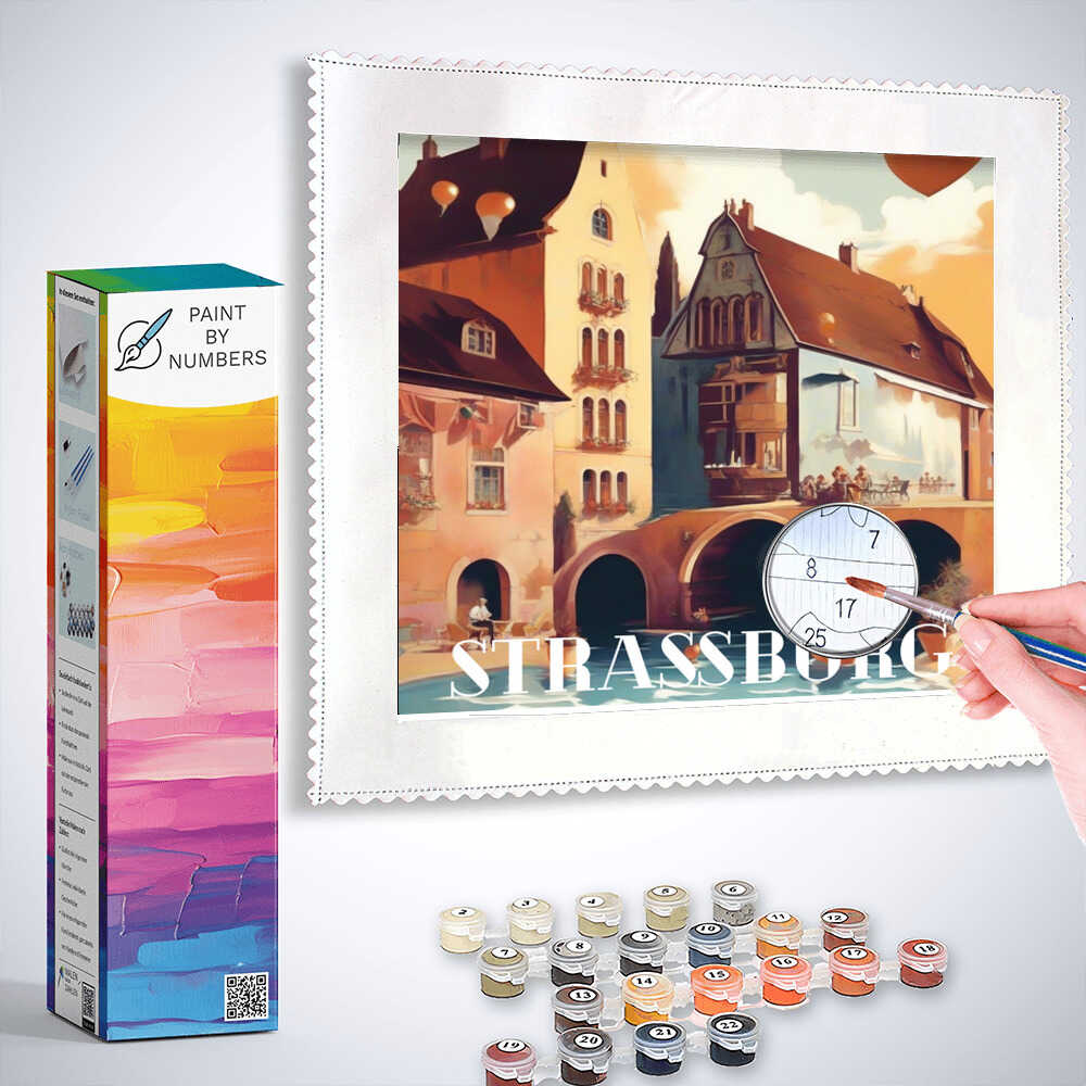 Paint by Numbers kit showing Sunset in Strasbourg with painting tools and vibrant colors