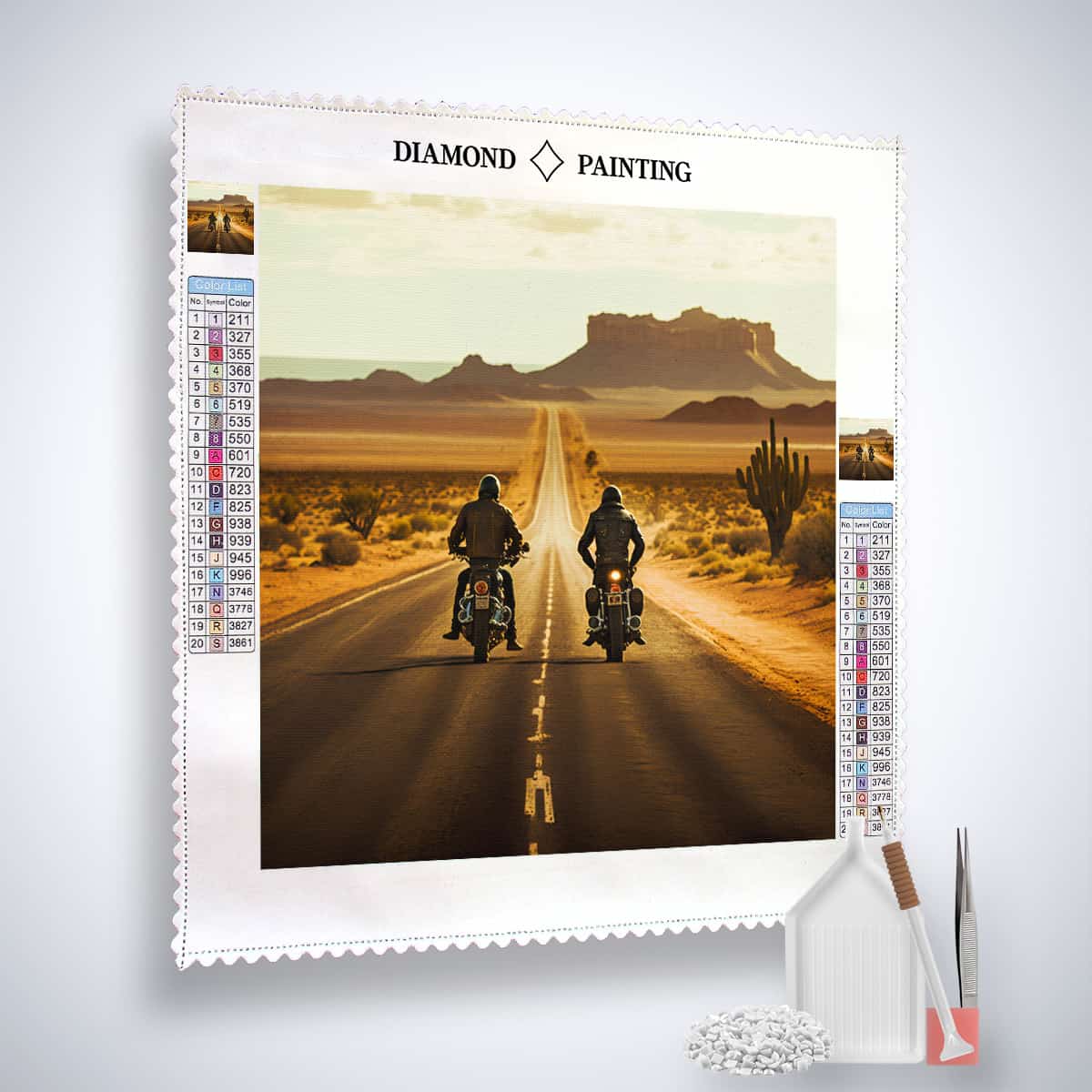 Diamond Painting Kit - Wind in Hair with two motorcyclists on a desert road, complete with Paint by Numbers canvas, acrylic diamonds, tweezers, and pen.