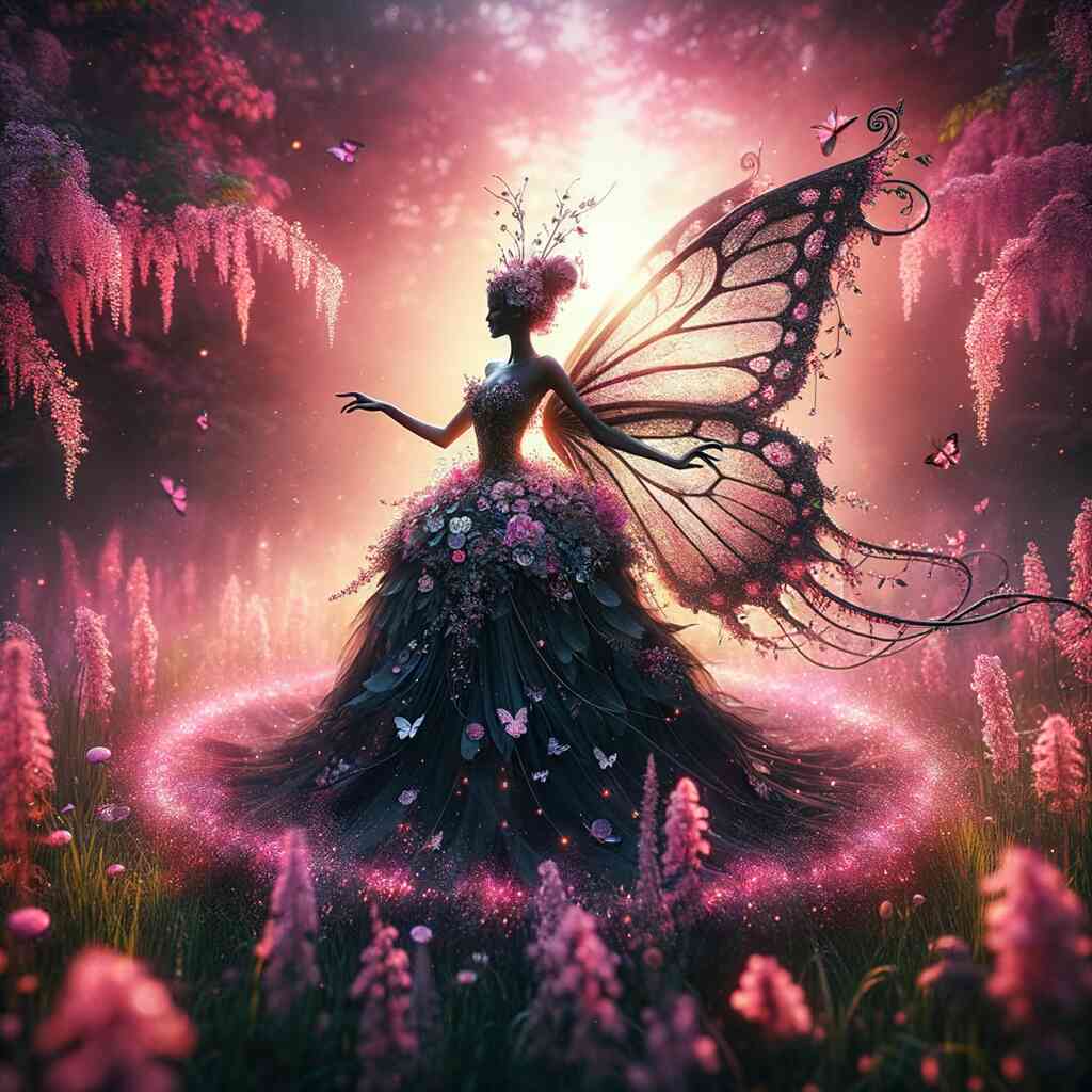 Paint by Numbers - Spell of Awakening. Enchanted fairy with butterfly wings in a magical garden of pink and purple tones.