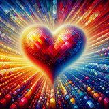 Vibrant heart-shaped diamond painting with red, yellow, and blue colors, symbolizing love and romance in a magical, abstract style. Paint by Numbers.