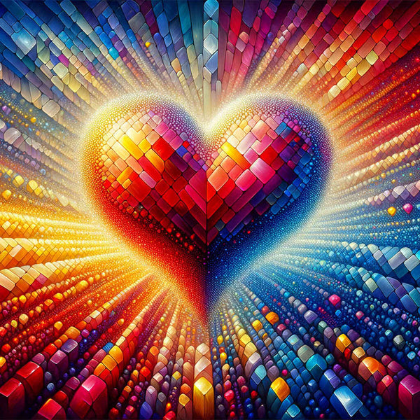 Vibrant heart-shaped diamond painting with red, yellow, and blue colors, symbolizing love and romance in a magical, abstract style. Paint by Numbers.