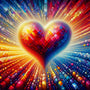 Vibrant heart-shaped diamond painting with red, yellow, and blue colors, symbolizing love and romance in a magical, abstract style. Paint by Numbers.