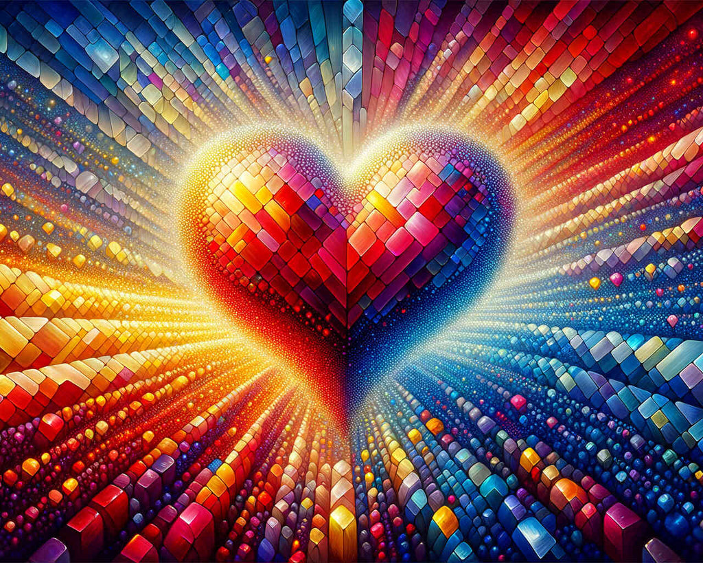 Vibrant heart-shaped diamond painting with red, yellow, and blue colors, symbolizing love and romance in a magical, abstract style. Paint by Numbers.